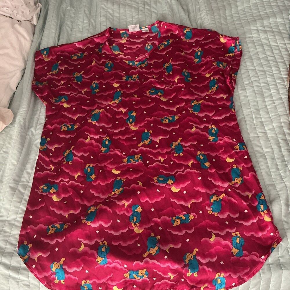 Vintage Winnie The Pooh Sleep Shirt Nightgown Pink Cloud Print Womens L